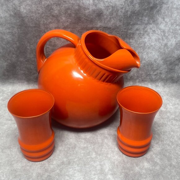 Vintage Anchor Hocking Tilt Ball Orange Ceramic Pitcher Jug  & Tumblers Set - Picture 5 of 15